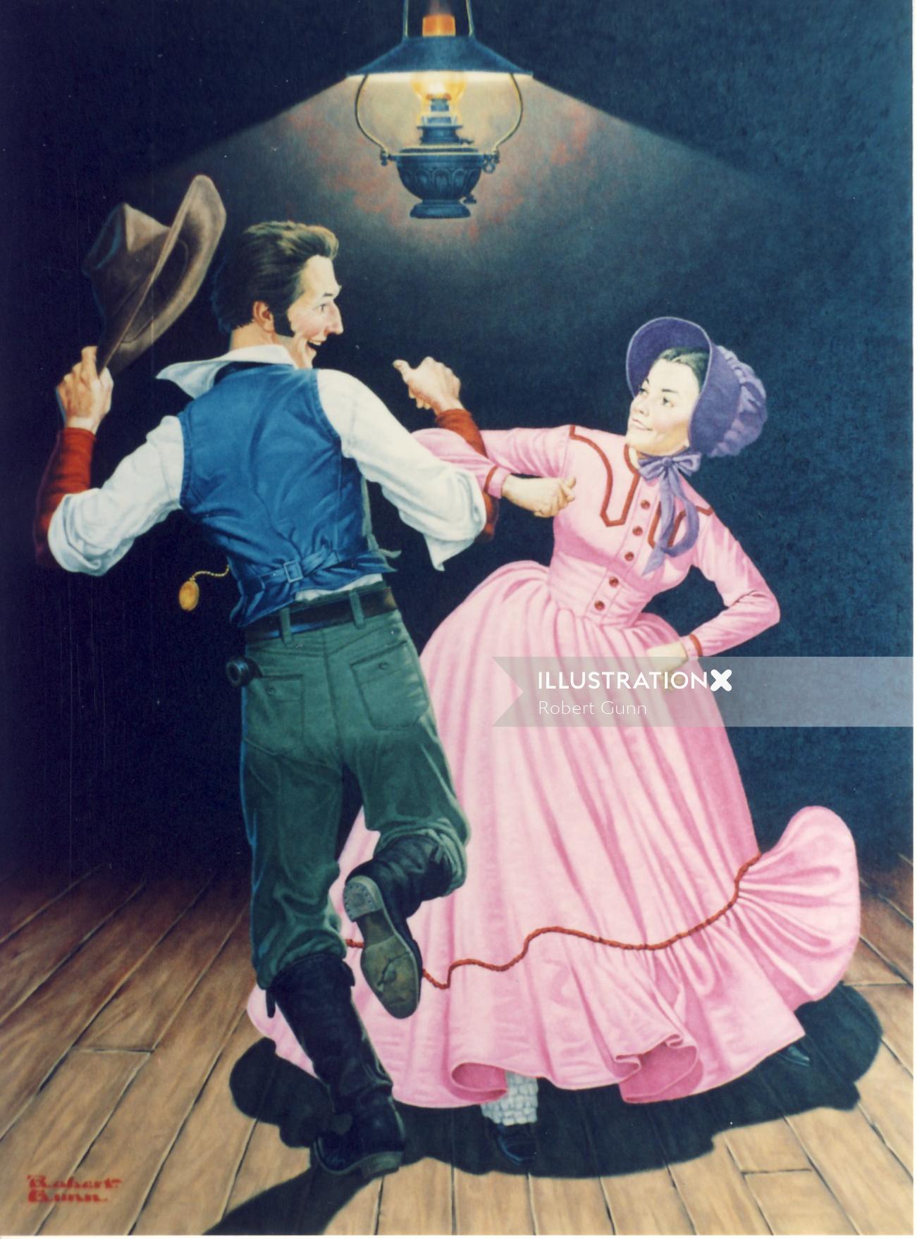 Ilustration of couple dancing at country hoedown