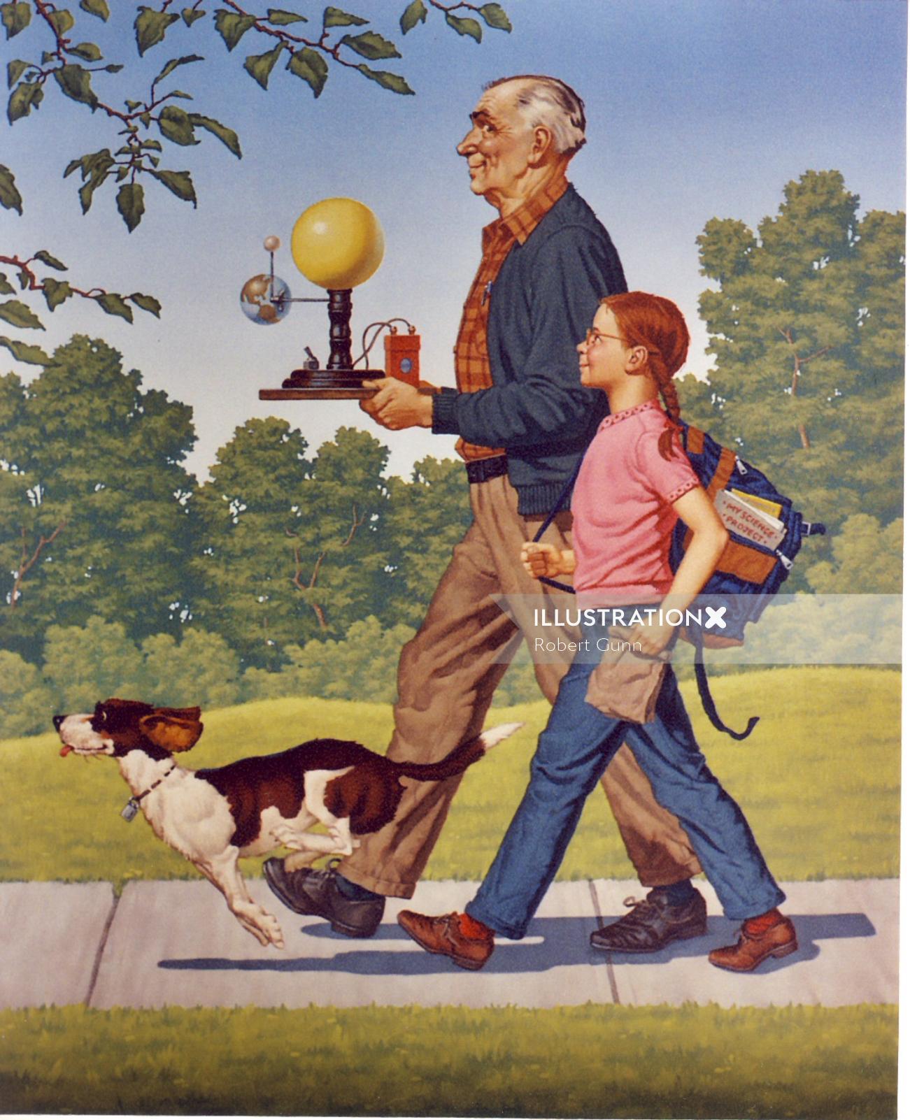 Illustration of Grandpa walking his grand daughter to school with science project