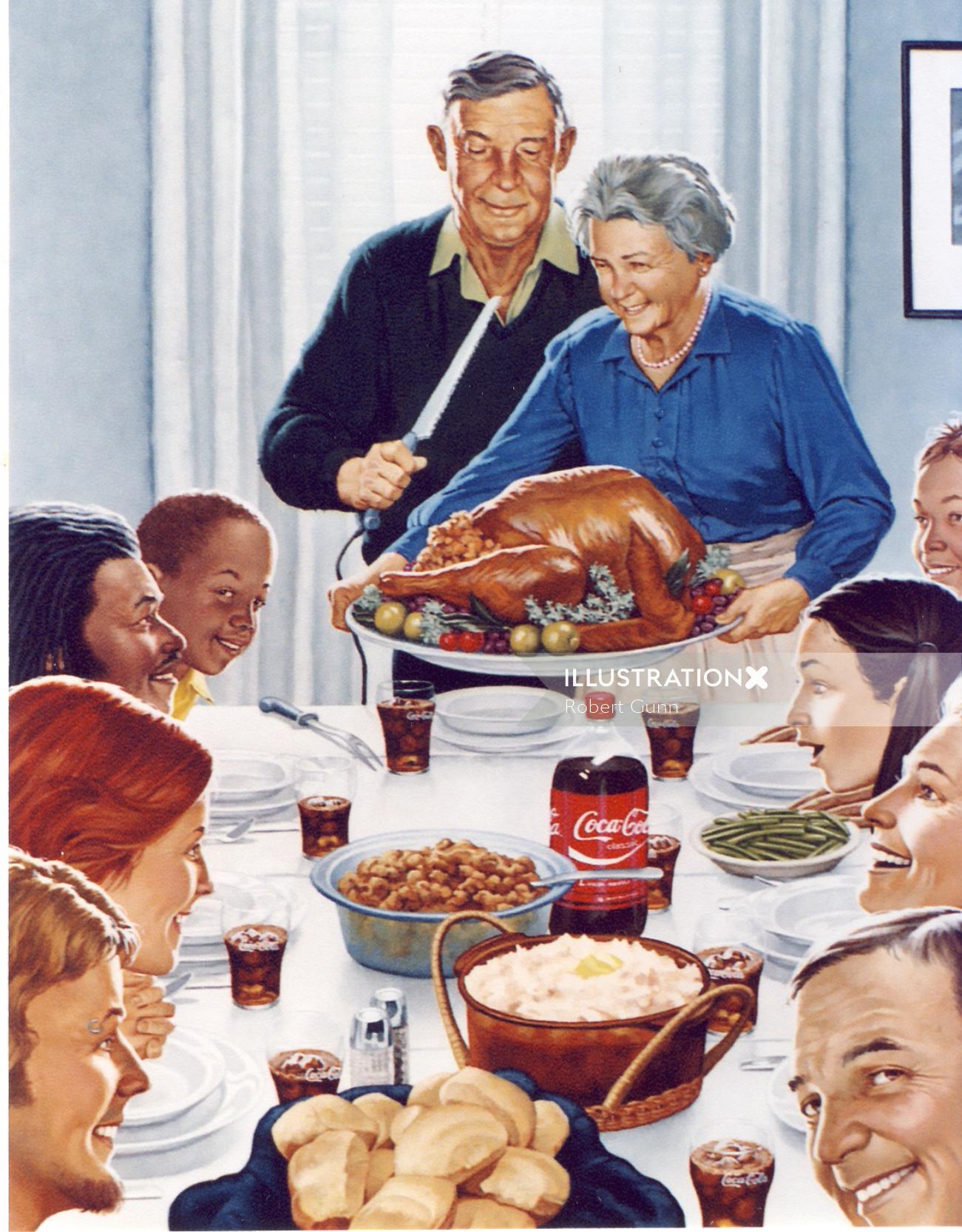 Illustration of vintage family dinner