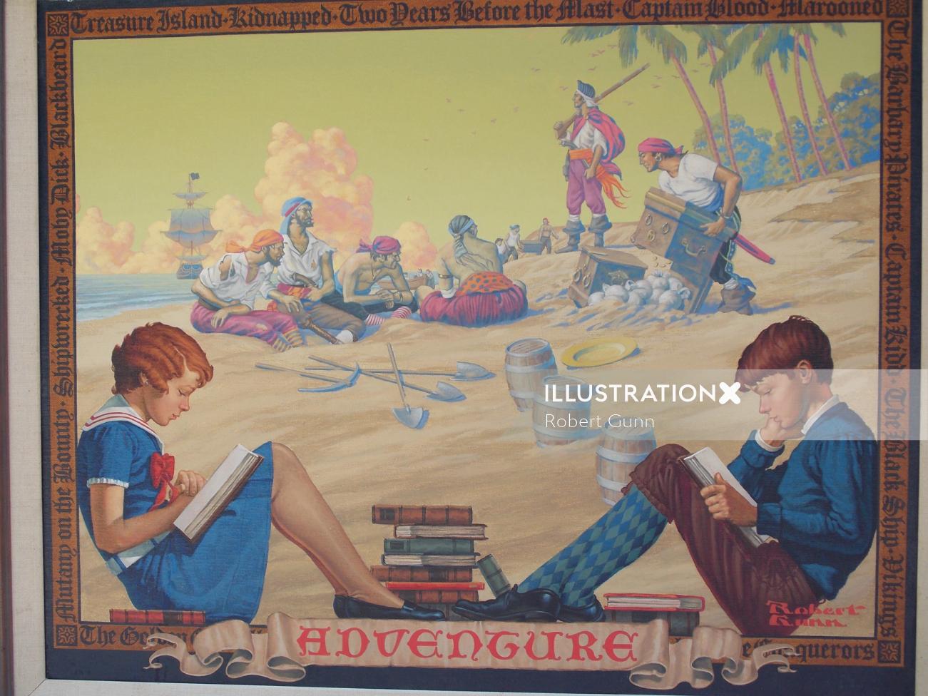 Illustration of kids studying at pirates frame