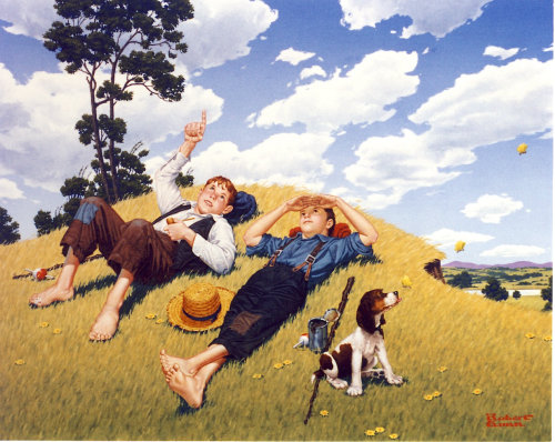 Illustration of two young boys staring at sky