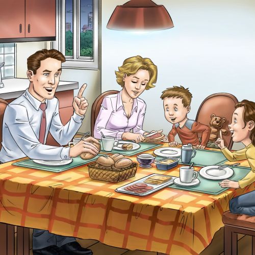 Drawing of Happy Family Having Breakfast 