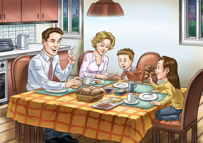 Drawing of Happy Family Having Breakfast 