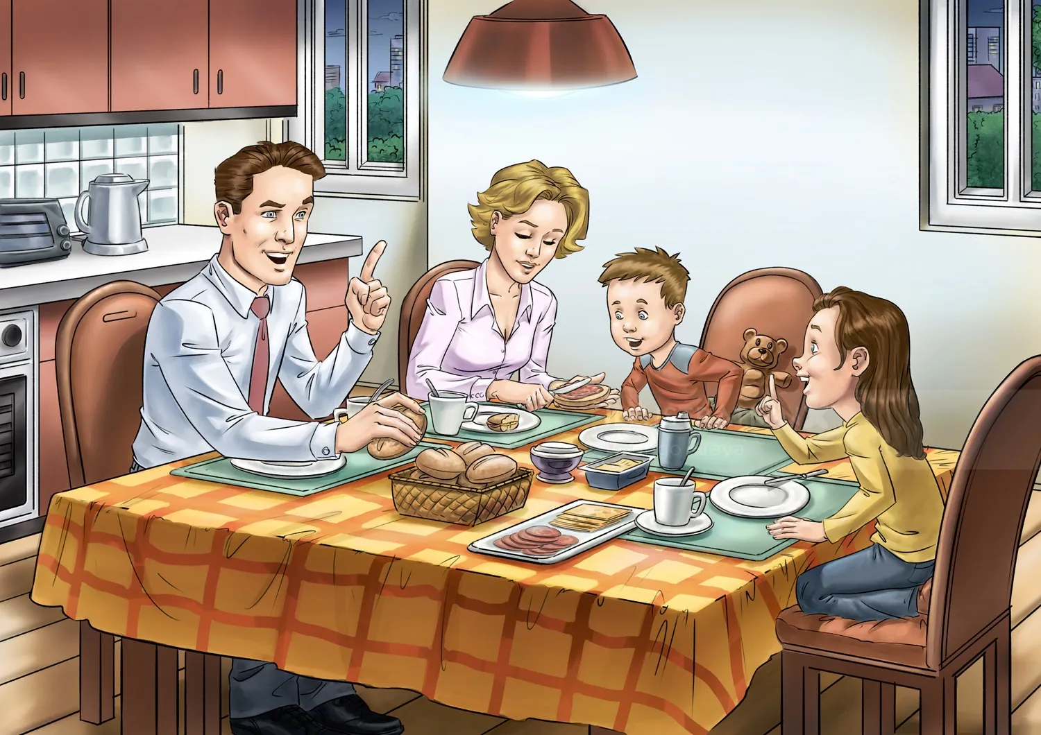 Dibujo de familia feliz desayunando 