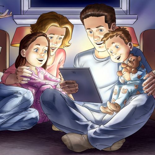 illustration of Parents with Kids watching video on Tablet