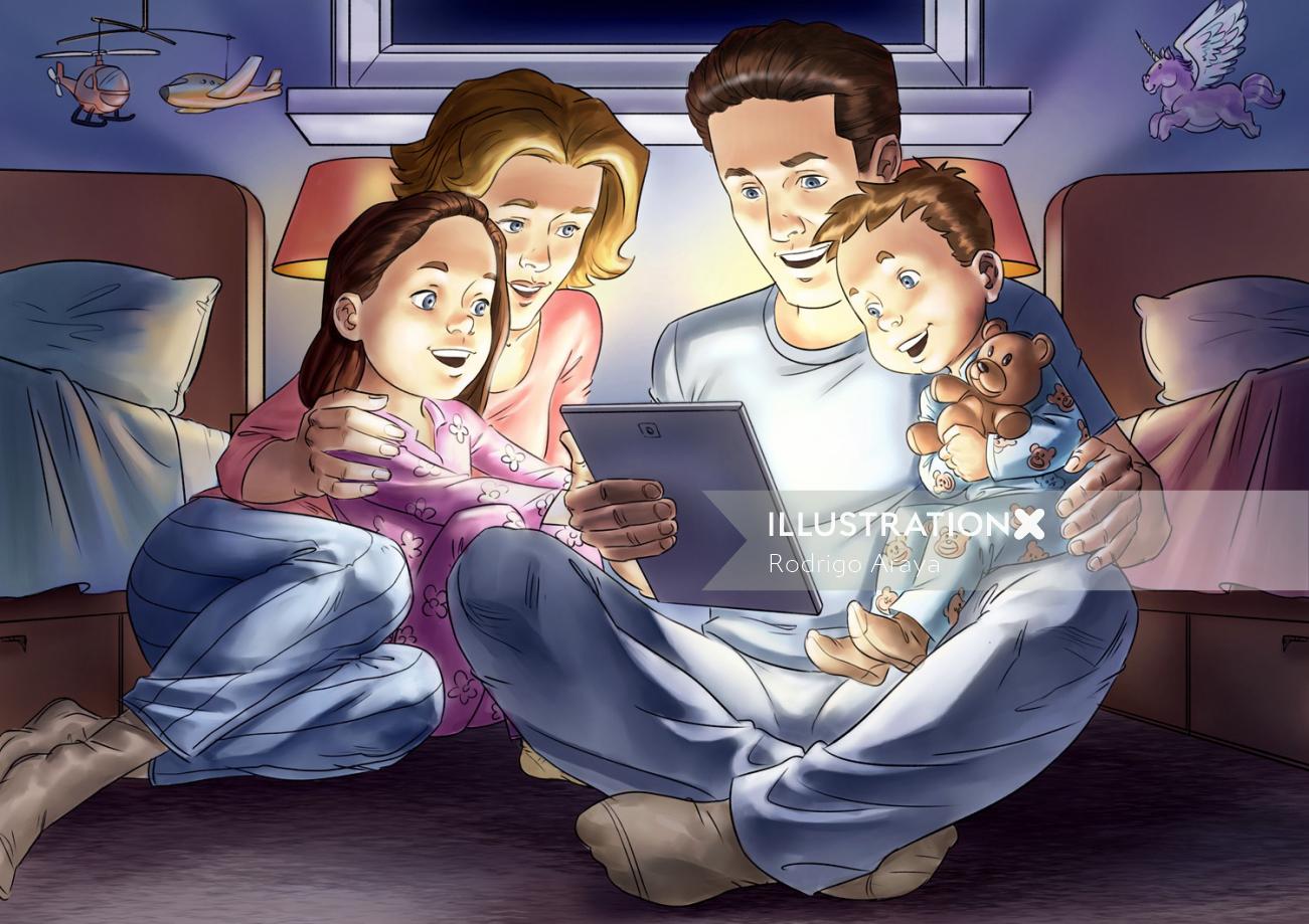 ilustração de pais com filhos assistindo vídeo no tablet