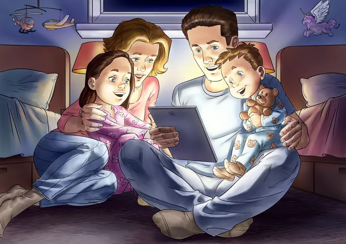 illustration of Parents with Kids watching video on Tablet