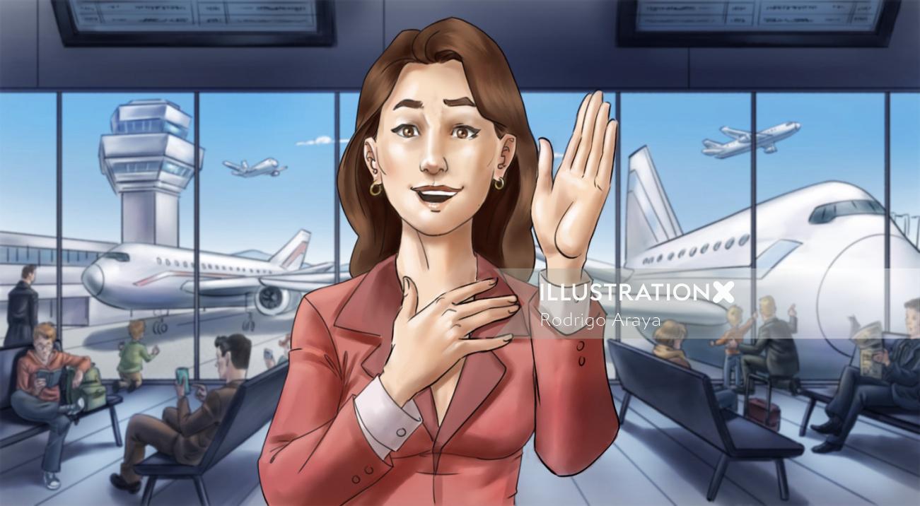 Ilustração de mulher no saguão do aeroporto