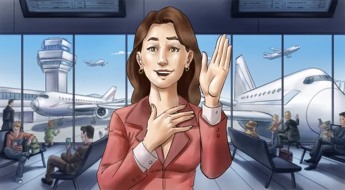 Illustration of woman in airport lounge
