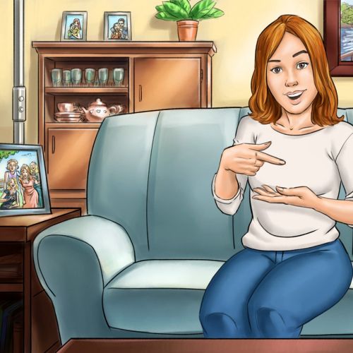 Storyboard illustration of woman in couch
