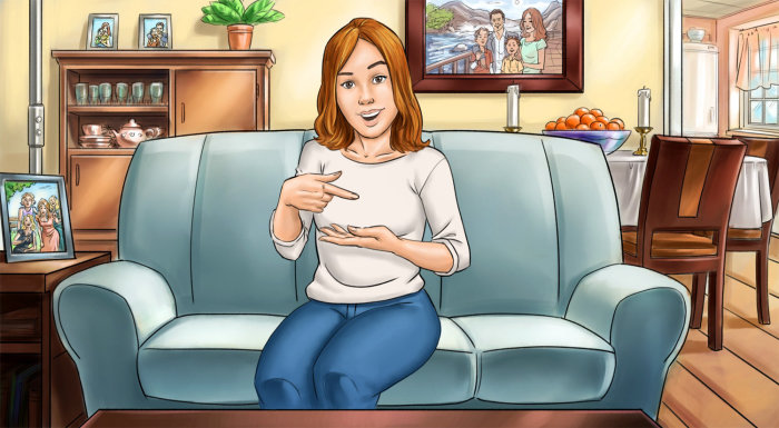Storyboard illustration of woman in couch
