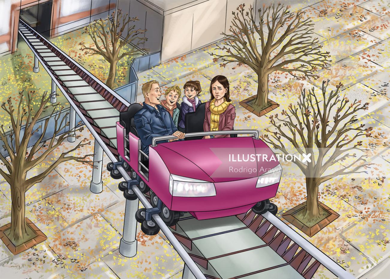 Famille voyageant dans des montagnes russes Poster graphique