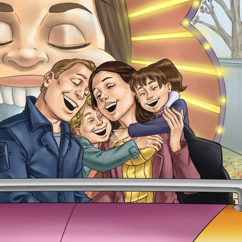 Comic Family smiling in rollercoaster
