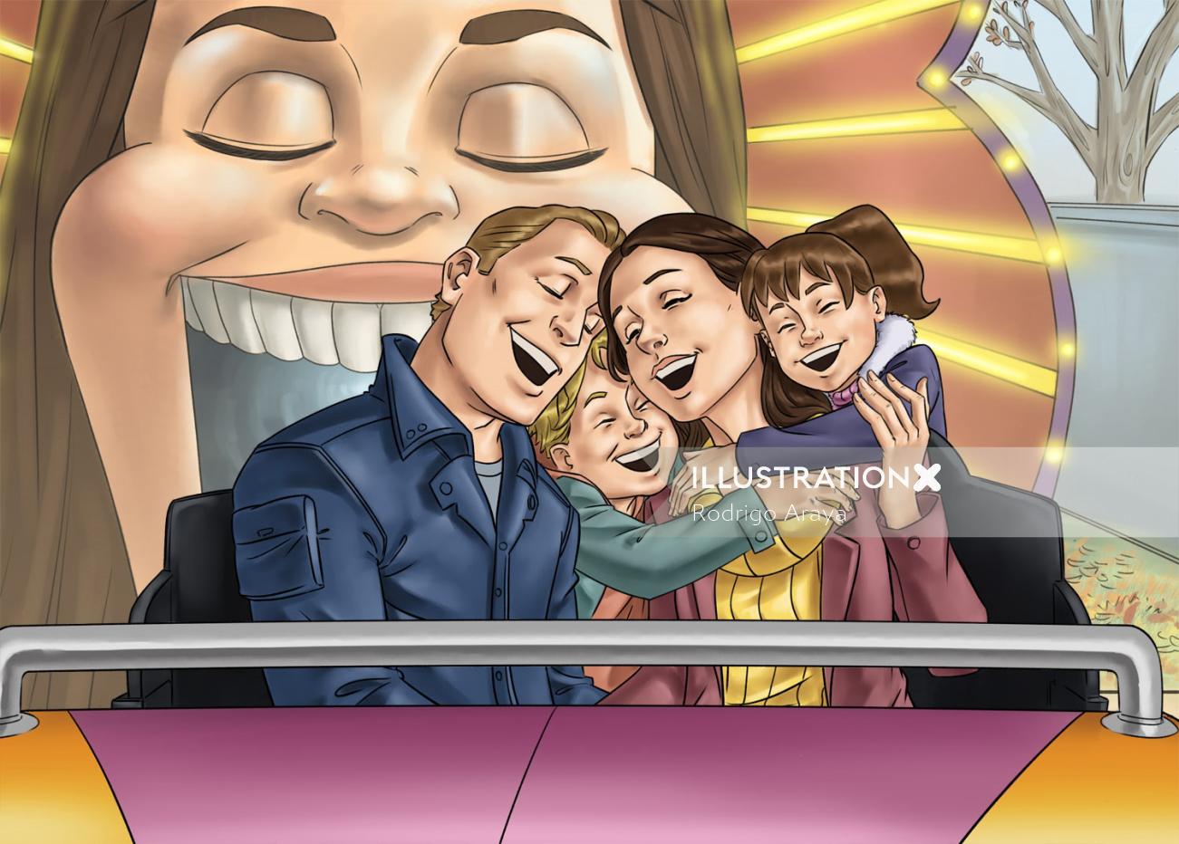 Famille de bande dessinée souriant en montagnes russes