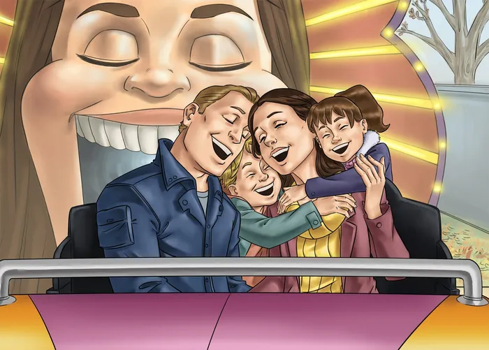 Comic Family smiling in rollercoaster
