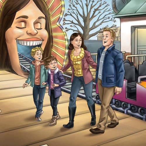 Comic Illustration of family at amusement park

