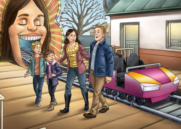 Comic Illustration of family at amusement park
