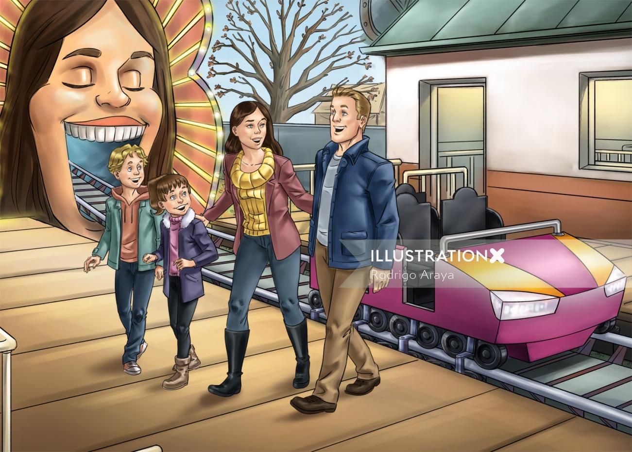 Illustration comique de la famille au parc d&#39;attractions