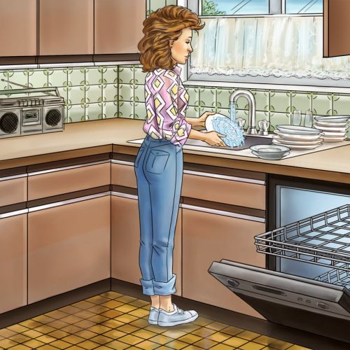 Cartoon illustration of couple cleaning utensils
