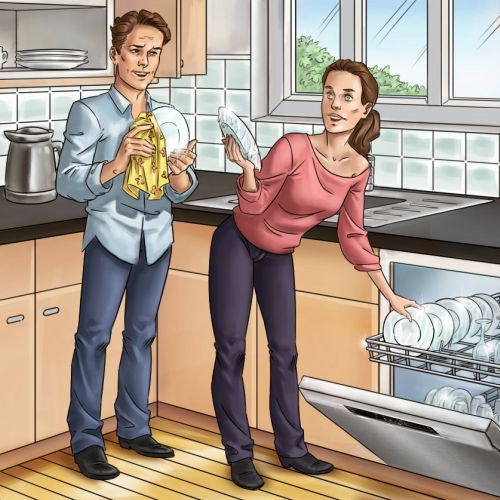 Graphic illustration of couple in kitchen
