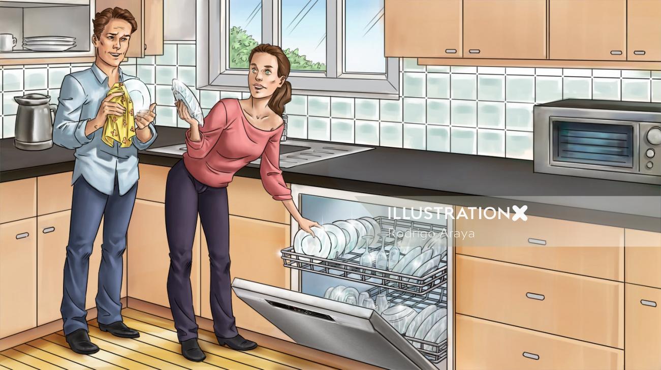 Ilustração gráfica de casal na cozinha