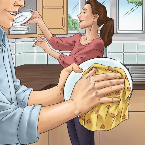 Graphic illustration of couple cleaning utensils
