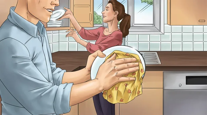 Graphic illustration of couple cleaning utensils
