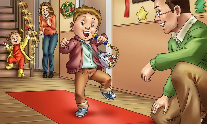 Children playing and parents celebrating Christmas at home by Rodrigo Araya