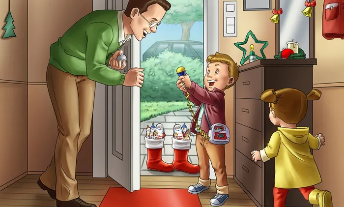 Father and children celebrating Christmas with stockings by door, artwork by Rodrigo Araya