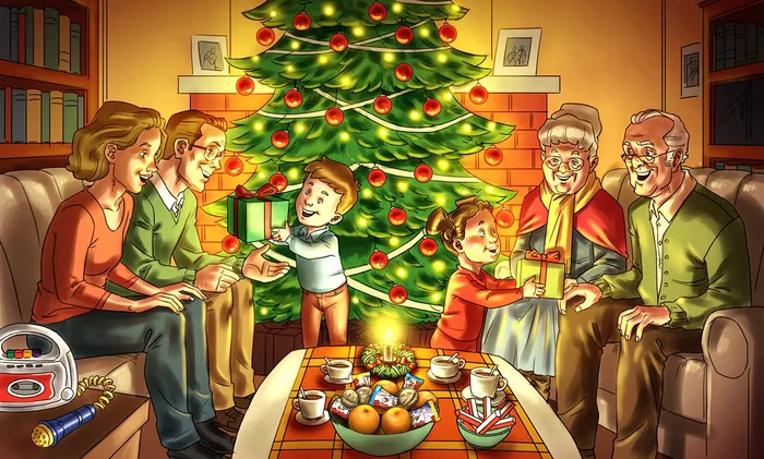 Family exchanging Christmas gifts by decorated tree, artwork by Rodrigo Araya