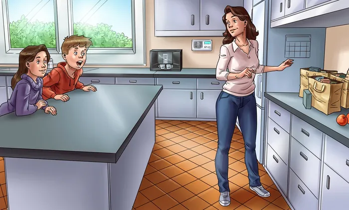 Woman packing sandwiches in kitchen with two children watching by island, by Rodrigo Araya