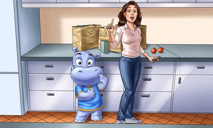 Woman talking to a cartoon hippo holding paper in kitchen by Rodrigo Araya