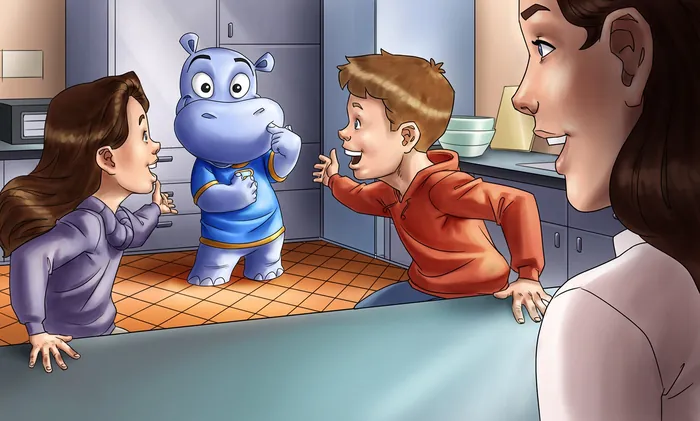 Two children interacting with a hippo character while woman watches, artwork by Rodrigo Araya