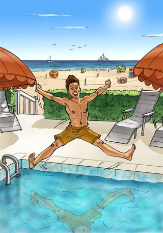 Ilustración del hombre saltando directamente en la piscina de agua