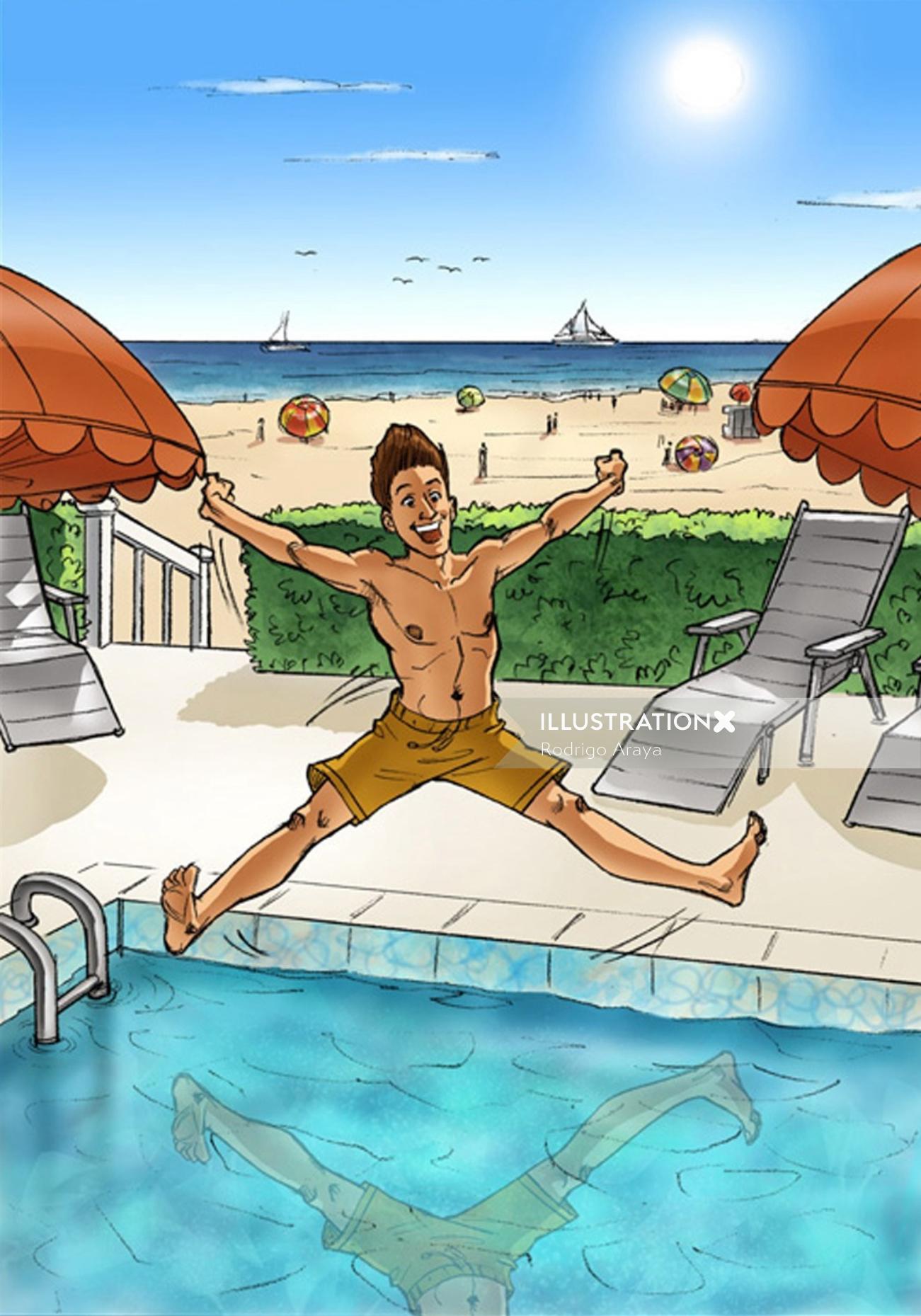 Ilustração do homem pulando direto na piscina de água