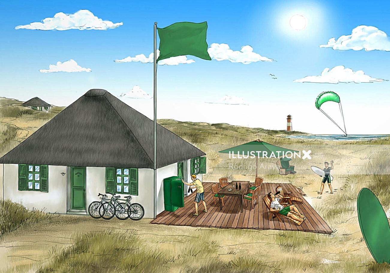 Ilustração gráfica de pessoas em casa de praia