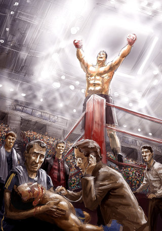 caricature d&#39;un boxeur célébrant après avoir mis KO

