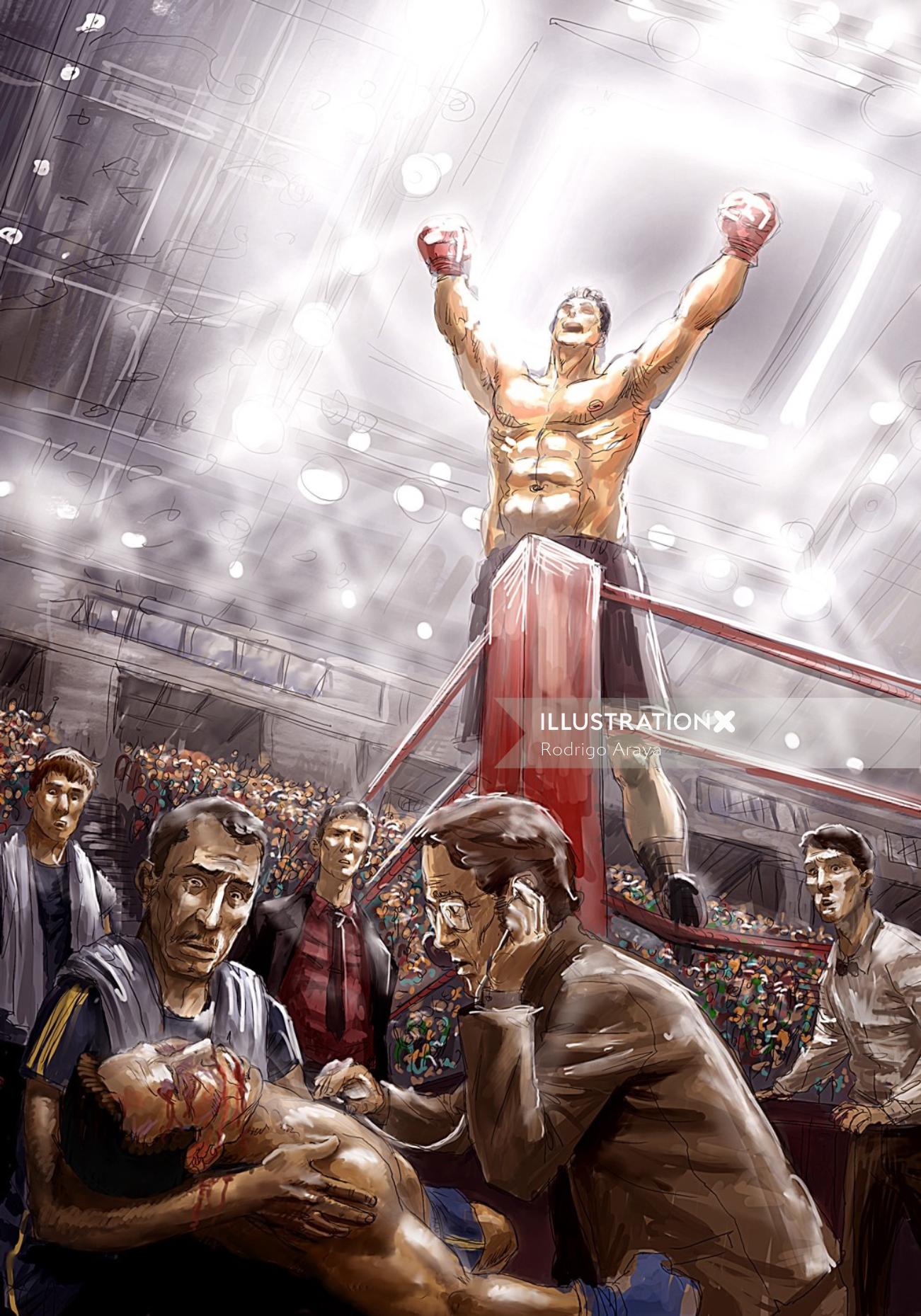 caricature d&#39;un boxeur célébrant après avoir assommé