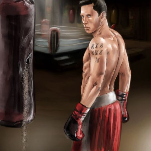 Graphic of a boxer with kit bag

