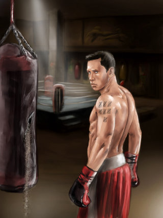 Gráfico de un boxeador con bolsa de equipo.
