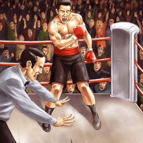 Cartoon of a boxer making a hole in the ring
