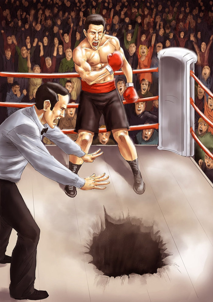 Caricature d&#39;un boxeur faisant un trou dans le ring