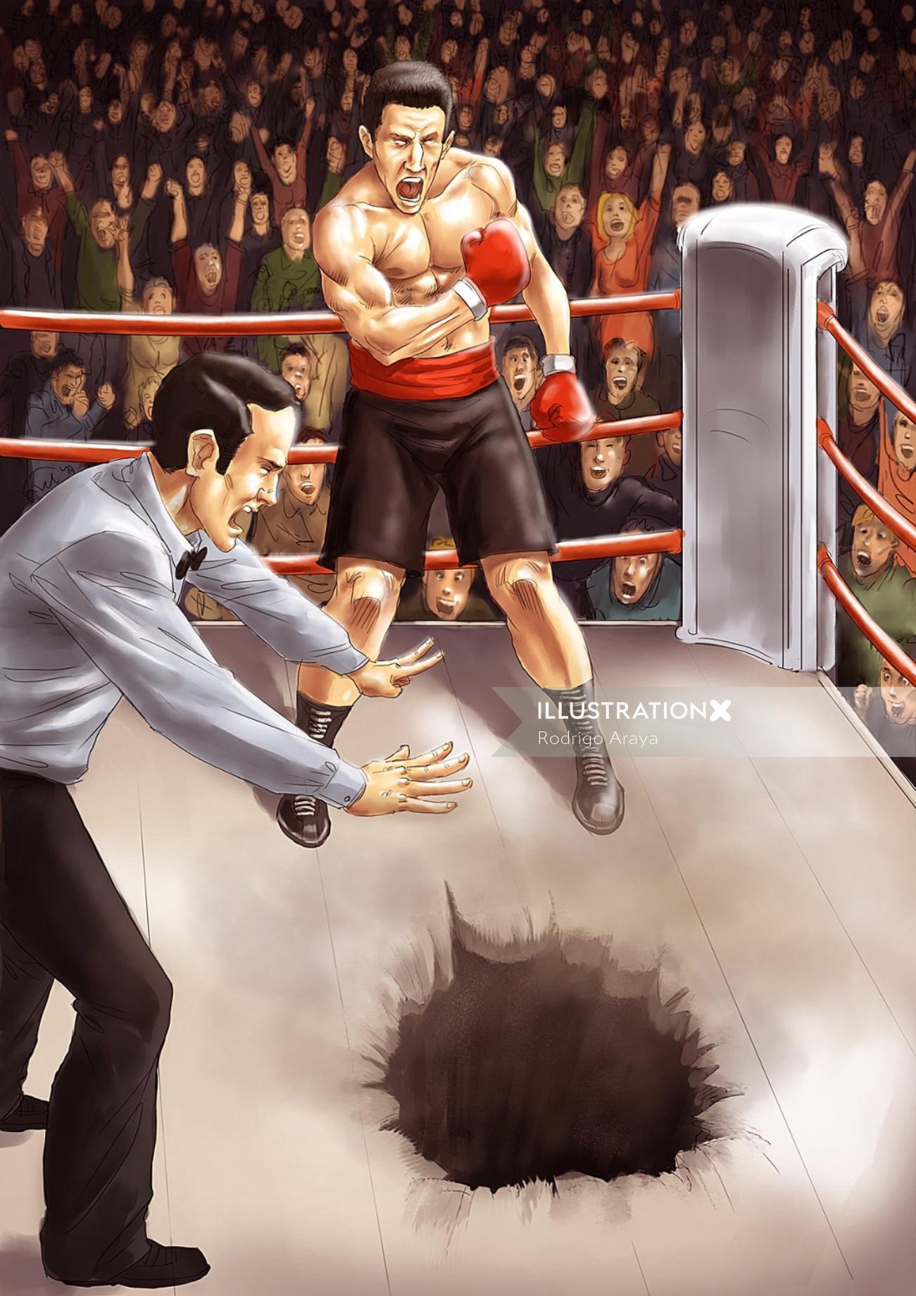Desenho de um boxeador fazendo um buraco no ringue