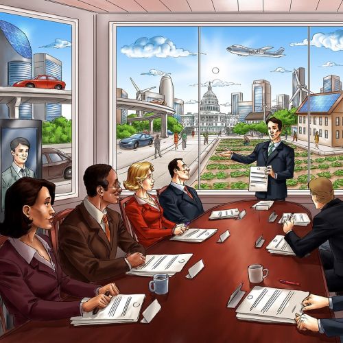 Cartoon storyboard of people in meeting
