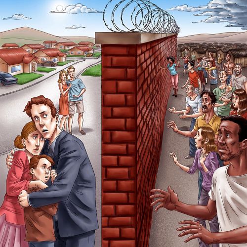 Cartoon of people on either side of wall
