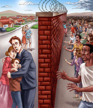 Cartoon of people on either side of wall
