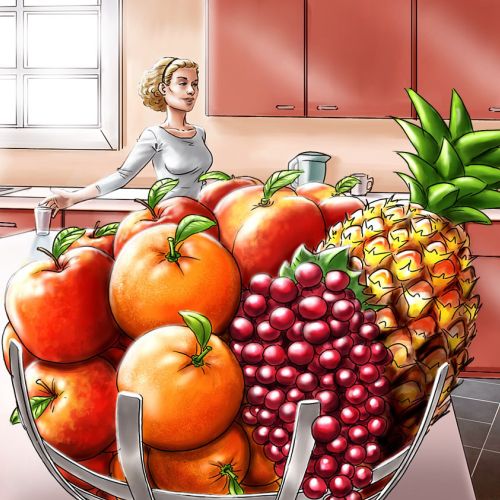 Illustration of fruits in kitchen
