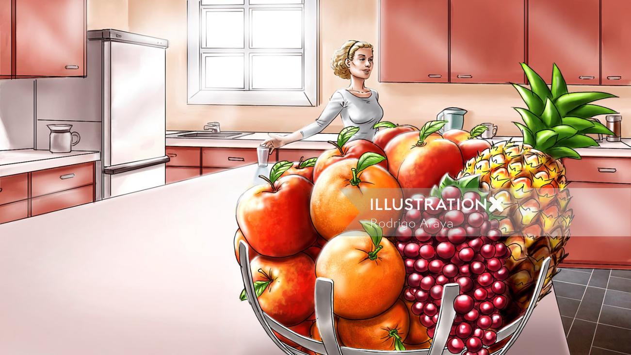 Ilustração de frutas na cozinha