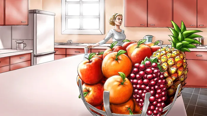 Illustration of fruits in kitchen
