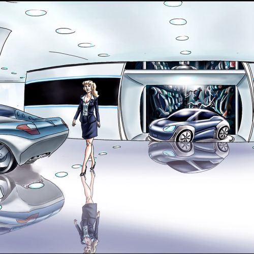 Graphic illustration of car showroom
